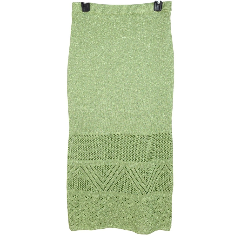 House of Harlow Crochet Hem Midi Skirt Medium Lime Green Metallic Knit Pull On